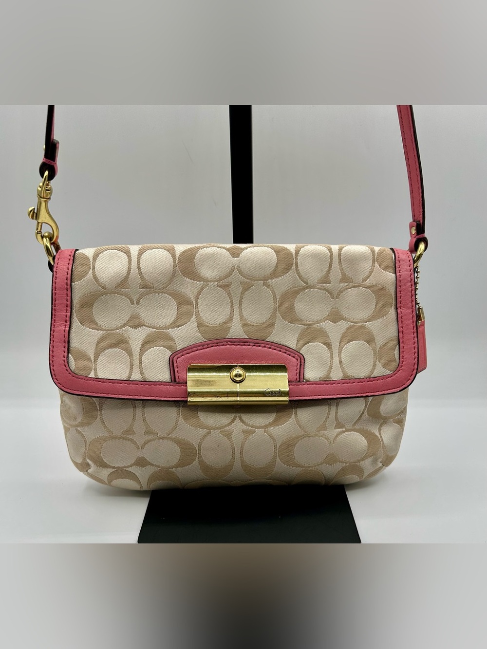 COACH Kristin Signature East/West Crossbody Bag- Khaki Canvas with Leather Trim. - Picture 1 of 16